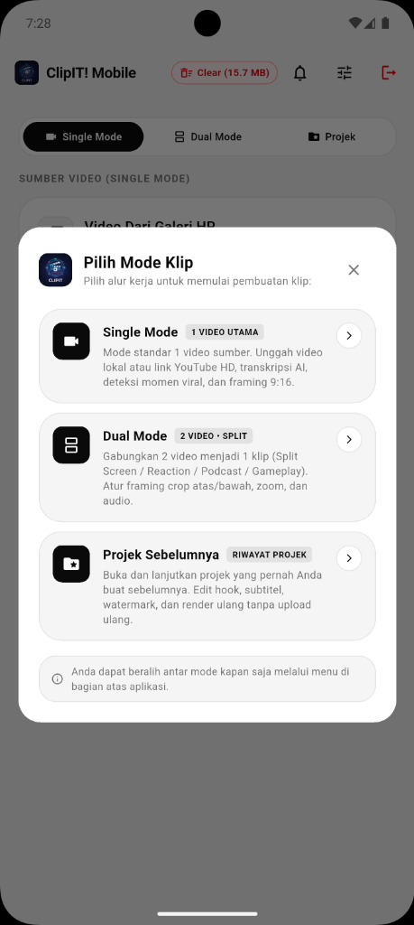 Pilihan Single & Dual Mode
